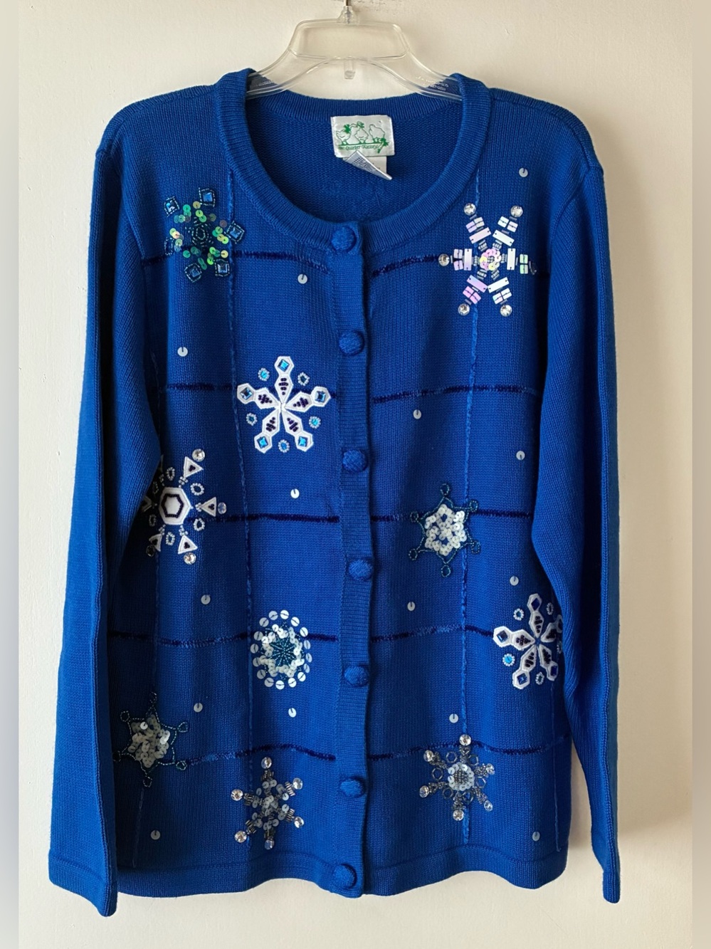 The Quacker Factory Winter Theme Cardigan, Sz. M, Royal Blue, Snowflakes